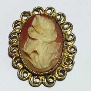 Vintage Oval Cameo Brooch Gold Tone Pin Floral Design Filigree Border Intricate